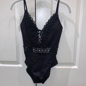 Black v neck one piece bathing suit